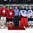 ZUG, SWITZERLAND - APRIL 25: Switzerland's Calvin Thurkauf #18, Joren van Pottelberghe #30 and Denis Malgin #13 along with Finland's Veini Vehvilainen #1, Vili Saarijarvi #9 and Patrik Laine #27 were named the Top Three Players for their respective teams after semifinal round action at the 2015 IIHF Ice Hockey U18 World Championship. (Photo by Matt Zambonin/HHOF-IIHF Images)

